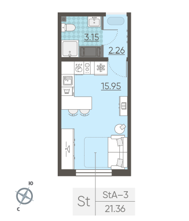 Студия 21.36 м²