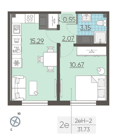 Однокомнатная квартира 31.73 м²