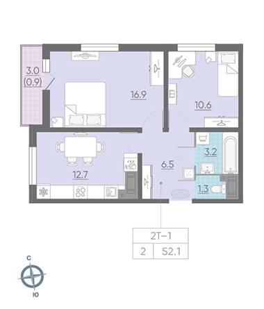 Двухкомнатная квартира 52.1 м²