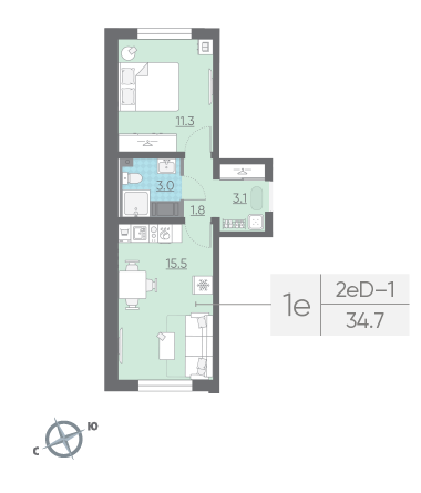 Однокомнатная квартира 34.7 м²