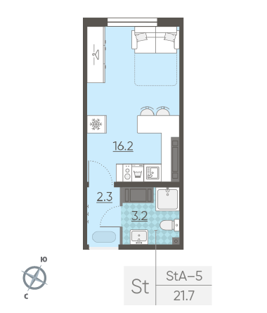 Студия 21.7 м²