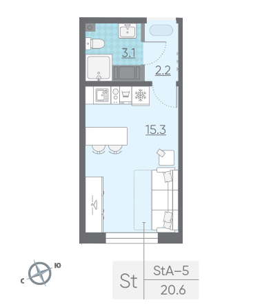 Студия 20.6 м²