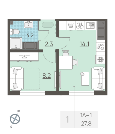 Однокомнатная квартира 27.8 м²