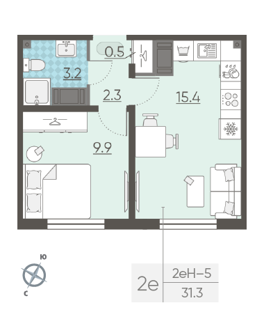 Однокомнатная квартира 31.3 м²