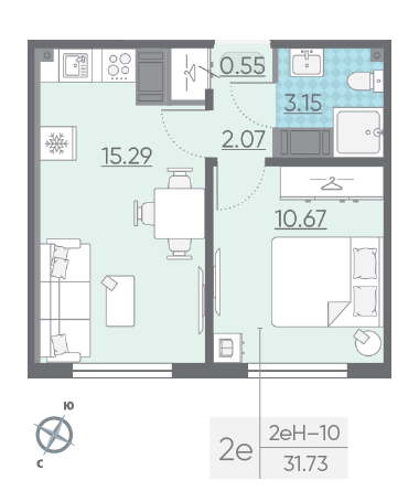 Однокомнатная квартира 31.73 м²
