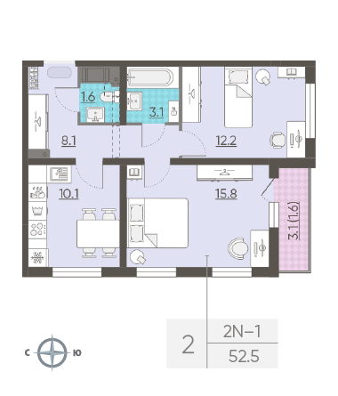 Двухкомнатная квартира 52.5 м²
