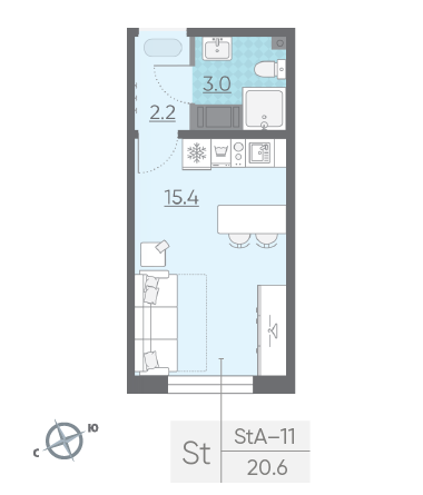 Студия 20.6 м²