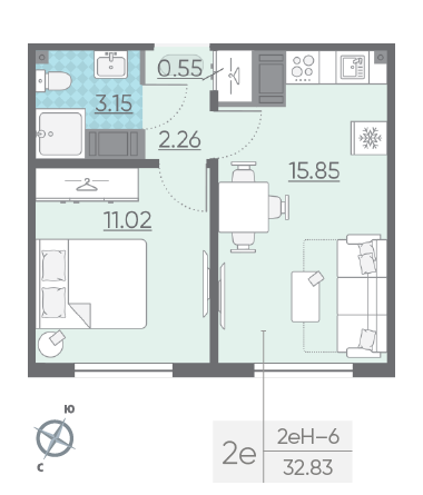 Однокомнатная квартира 32.83 м²