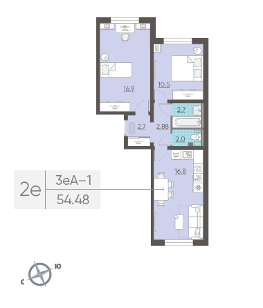 Двухкомнатная квартира 54.48 м²