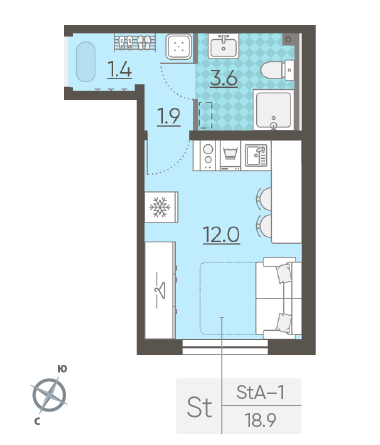 Студия 18.9 м²