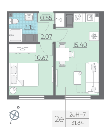 Однокомнатная квартира 31.84 м²