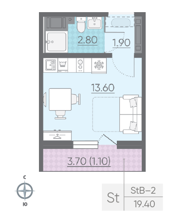 Студия 19.4 м²
