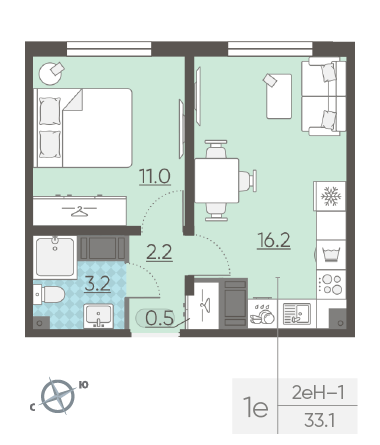Однокомнатная квартира 33.1 м²
