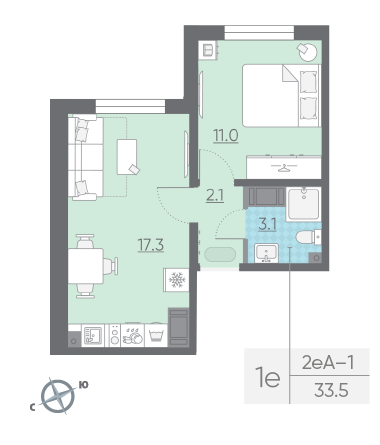 Однокомнатная квартира 33.5 м²