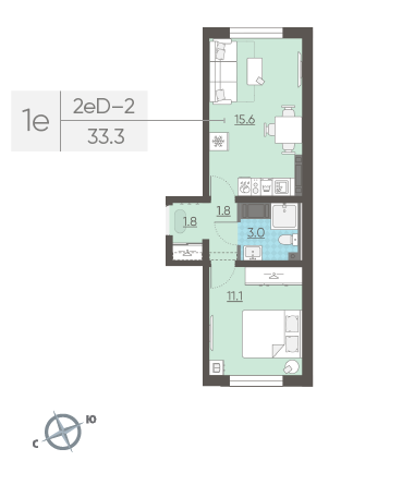 Однокомнатная квартира 33.3 м²