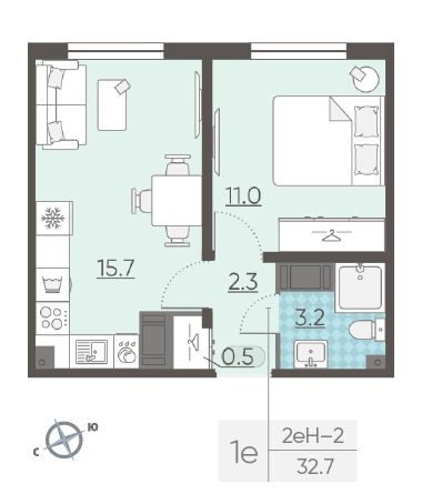 Однокомнатная квартира 32.7 м²