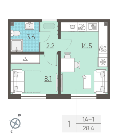 Однокомнатная квартира 28.4 м²