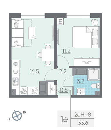 Однокомнатная квартира 33.6 м²