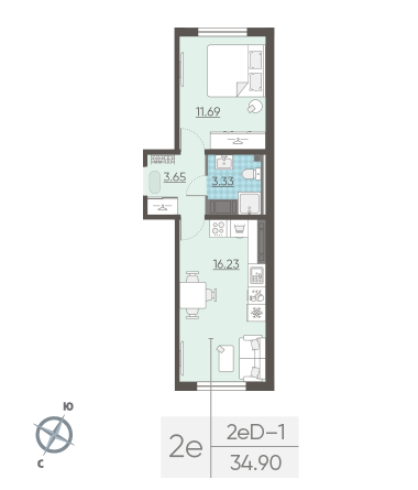 Однокомнатная квартира 34.9 м²