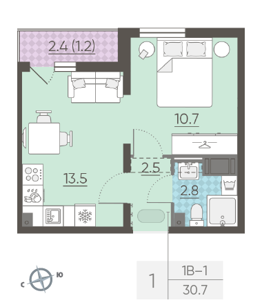 Однокомнатная квартира 30.7 м²