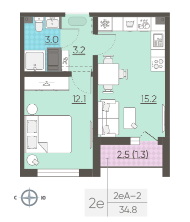 Однокомнатная квартира 34.8 м²