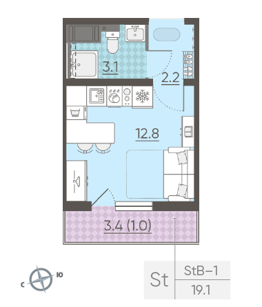 Студия 19.1 м²