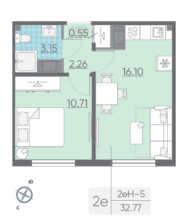Однокомнатная квартира 32.77 м²