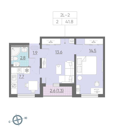 Двухкомнатная квартира 41.8 м²