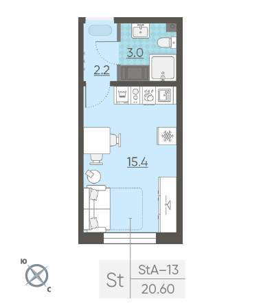 Студия 20.6 м²