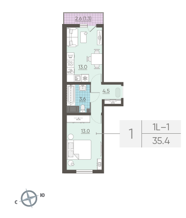 Однокомнатная квартира 35.4 м²