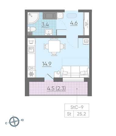 Студия 25.2 м²