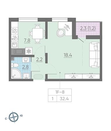 Однокомнатная квартира 32.4 м²