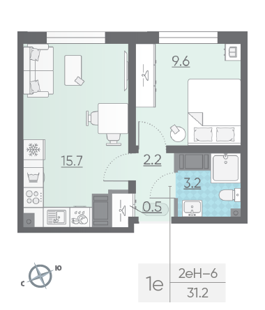 Однокомнатная квартира 31.2 м²