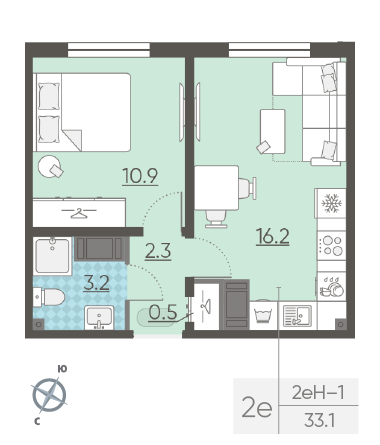 Однокомнатная квартира 33.1 м²