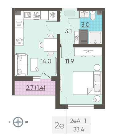 Однокомнатная квартира 33.4 м²