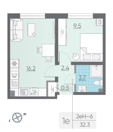 Однокомнатная квартира 32.3 м²