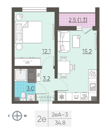 Однокомнатная квартира 34.8 м²