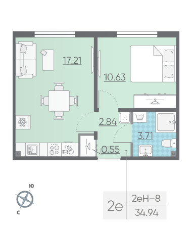 Однокомнатная квартира 34.94 м²