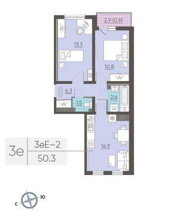Двухкомнатная квартира 50.3 м²