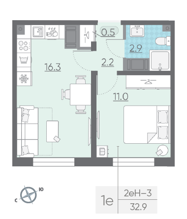 Однокомнатная квартира 32.9 м²