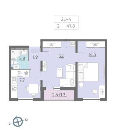Двухкомнатная квартира 41.8 м²