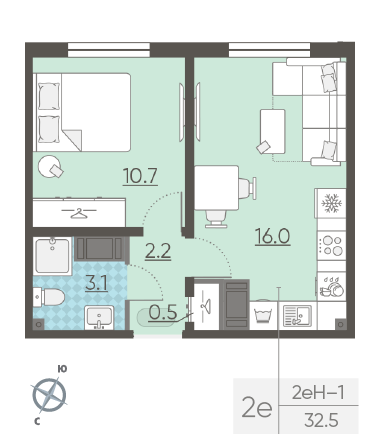 Однокомнатная квартира 32.5 м²