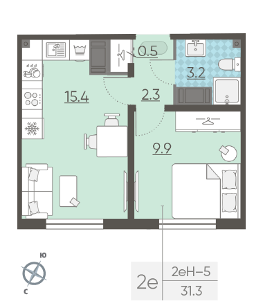 Однокомнатная квартира 31.3 м²