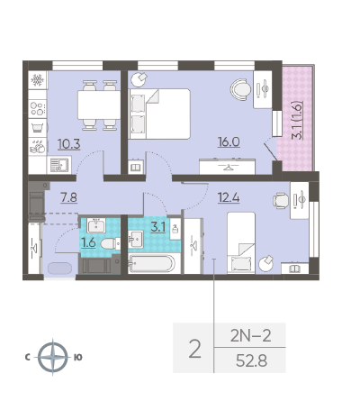 Двухкомнатная квартира 52.8 м²