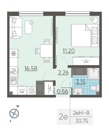 Однокомнатная квартира 33.75 м²