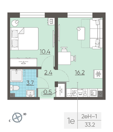 Однокомнатная квартира 33.2 м²