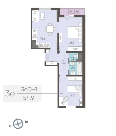 Двухкомнатная квартира 54.9 м²
