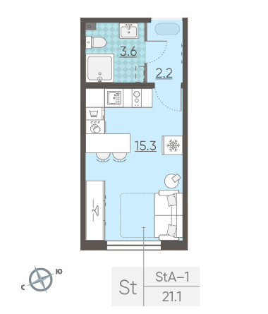 Студия 21.1 м²