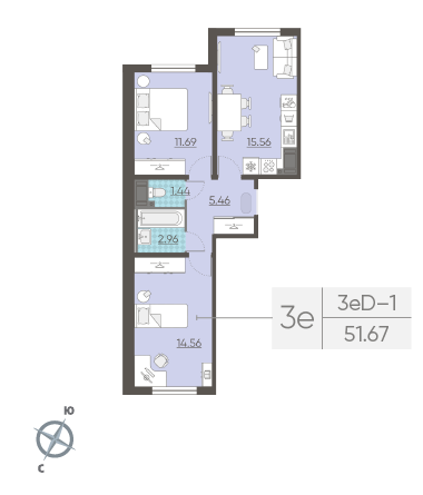 Двухкомнатная квартира 51.67 м²