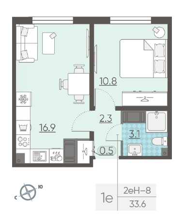Однокомнатная квартира 33.6 м²